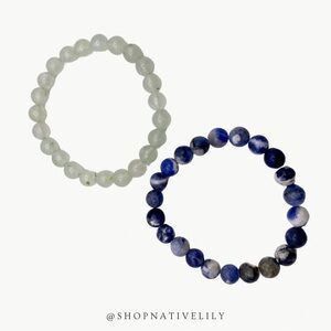 Natural Stone Stretch Beaded Bracelet Set Sodalite Quartz Blue Green Crystal OS